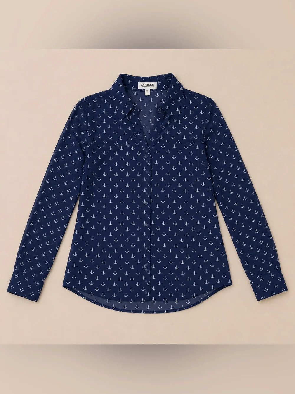 Express Portofino Navy Anchor Print Button Front Blouse Sheer Nautical Small - Picture 2 of 10